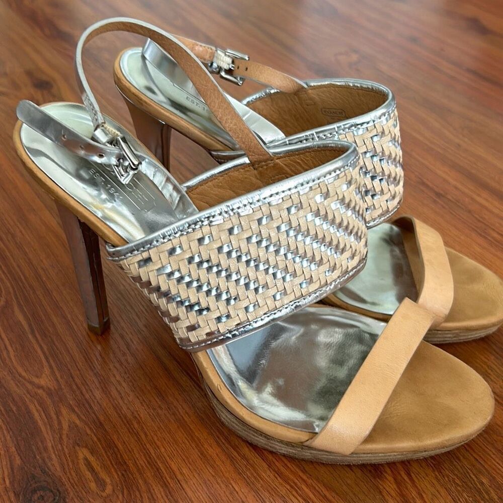 Coach silver and beige platform heels size 9 basket weave